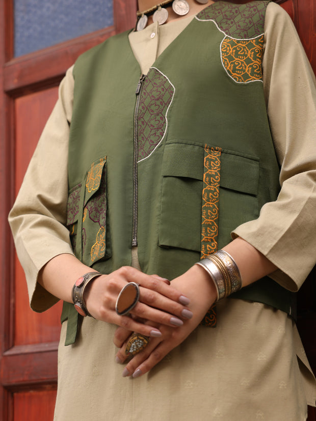 Green Mehndi Cambric Waistcoat - AL-LK-LCT-917