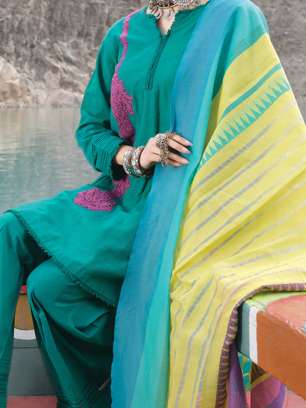 Turquoise Khaddar 3 Piece Unstitched - AWP-229